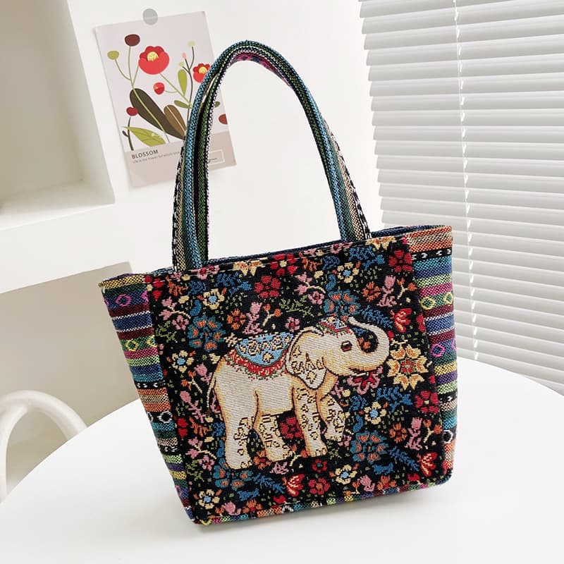 2wayバッグ 象モチーフ刺繍民族風トートバッグ