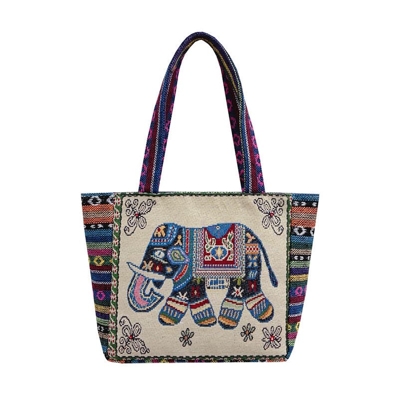 2wayバッグ 象モチーフ刺繍民族風トートバッグ