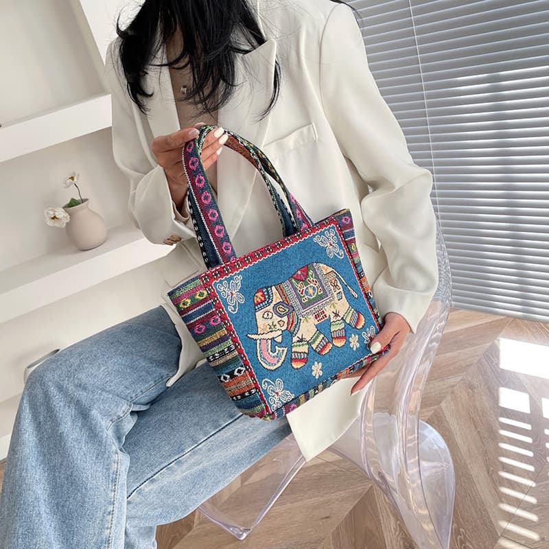 2wayバッグ 象モチーフ刺繍民族風トートバッグ